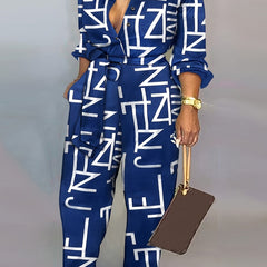 Letter Print V Neck Long Sleeve Jumpsuit With Belt
