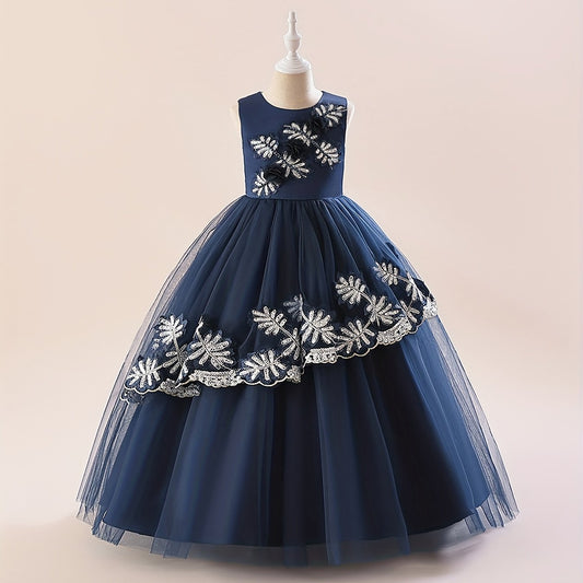 Girls Plant Embroidered Floor Length Formal Dress