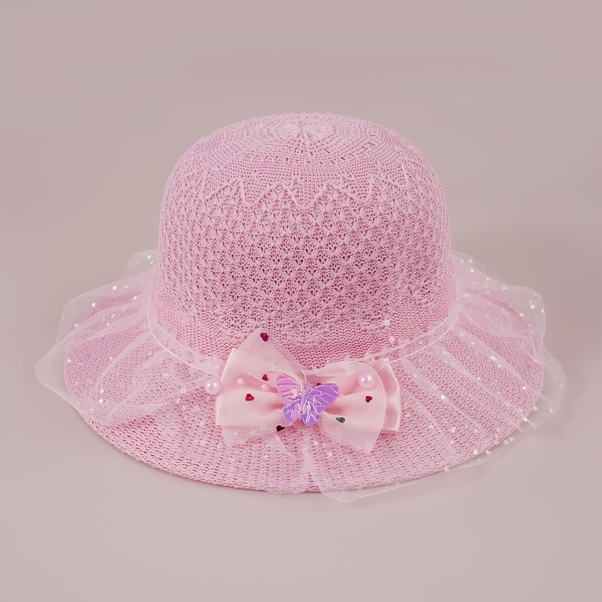 Girls Faux Pearl Bow Lace Hat Straw Sun Protection Kids Accessories