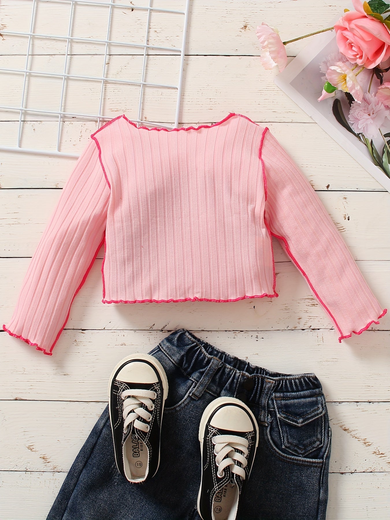 Toddler Girls Pink Gingham Sweater with Pleats Long Sleeve Knit Top