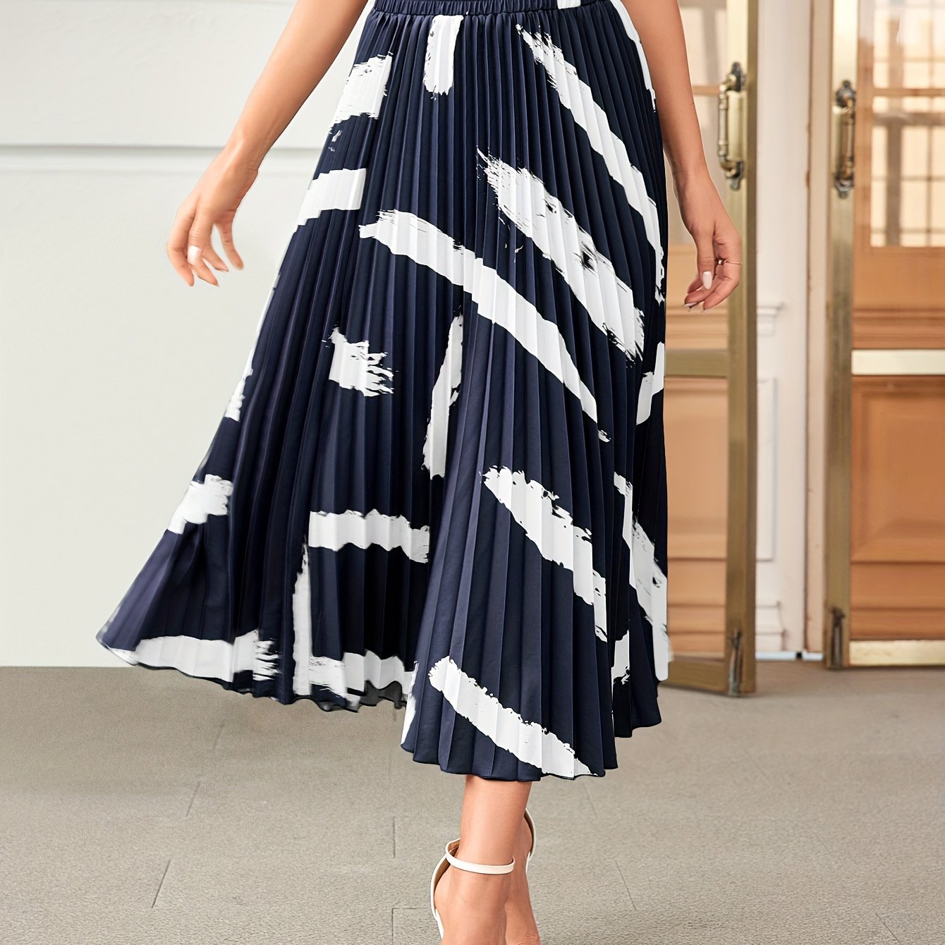 Vintage Brush Print Pleated Skirt Elastic Waist Midi
