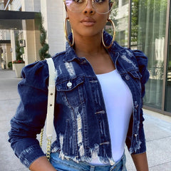 Long Puff Sleeve Denim Jacket Cropped Coats