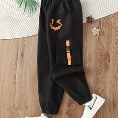 Boys Smiling Print Cargo Pants Elastic Waist Jogger