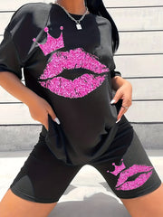 Lip Print Matching Set Short Sleeve T-shirt & Shorts Outfit Women's Clothing