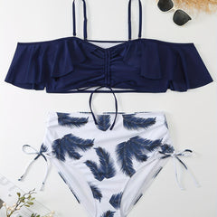 Colorblock Tropical Print Drawstring Bikini Set