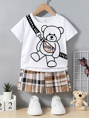 Boy's Bear Graphic Casual Outfit T-Shirt & Plaid Shorts Summer Clothes