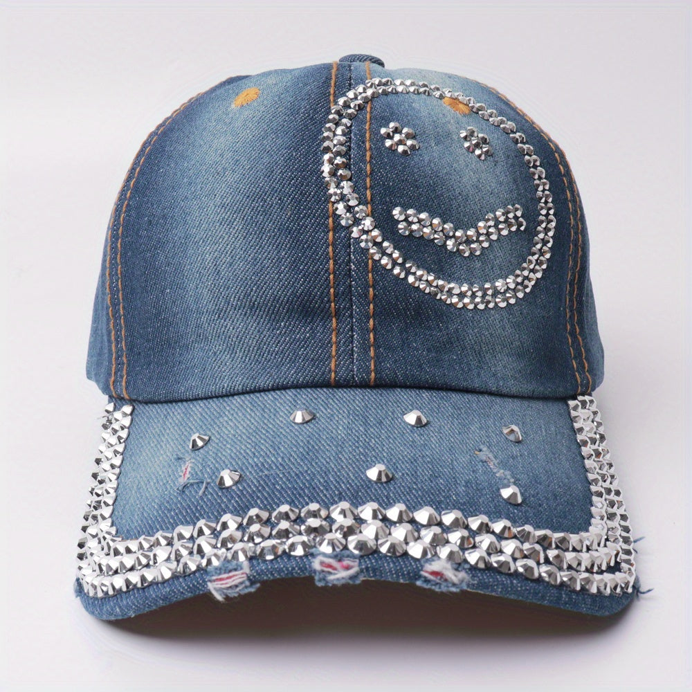 Smiley Face Rhinestone Baseball Cap Y2K Washed Distressed Denim Hat