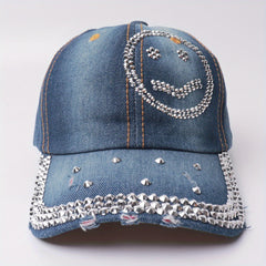Smiley Face Rhinestone Baseball Cap Y2K Washed Distressed Denim Hat