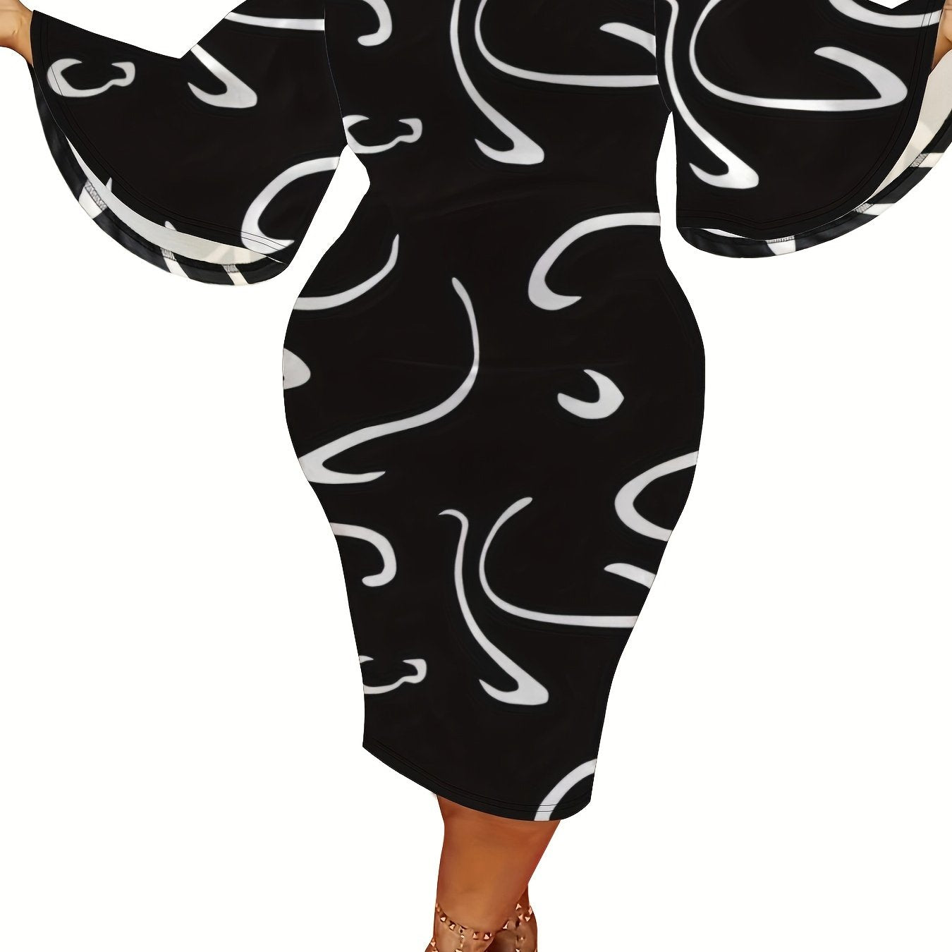 Graffiti Print Bell Sleeve Round Neck Dress
