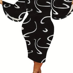 Graffiti Print Bell Sleeve Round Neck Dress