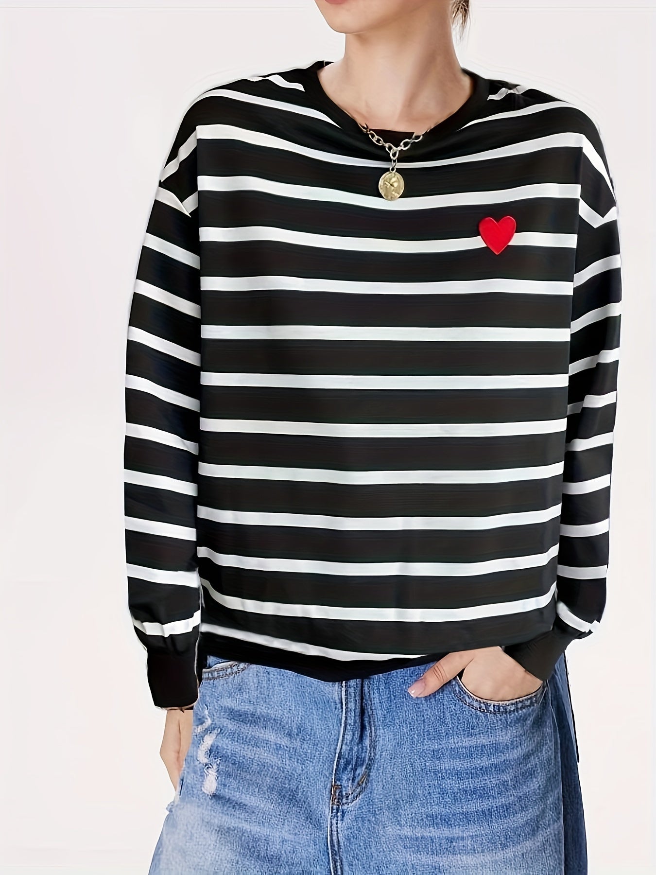 Stripe & Heart Print Pullover Sweatshirt Casual Long Sleeve Crew Neck Sweatshirt