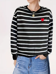 Stripe & Heart Print Pullover Sweatshirt Casual Long Sleeve Crew Neck Sweatshirt