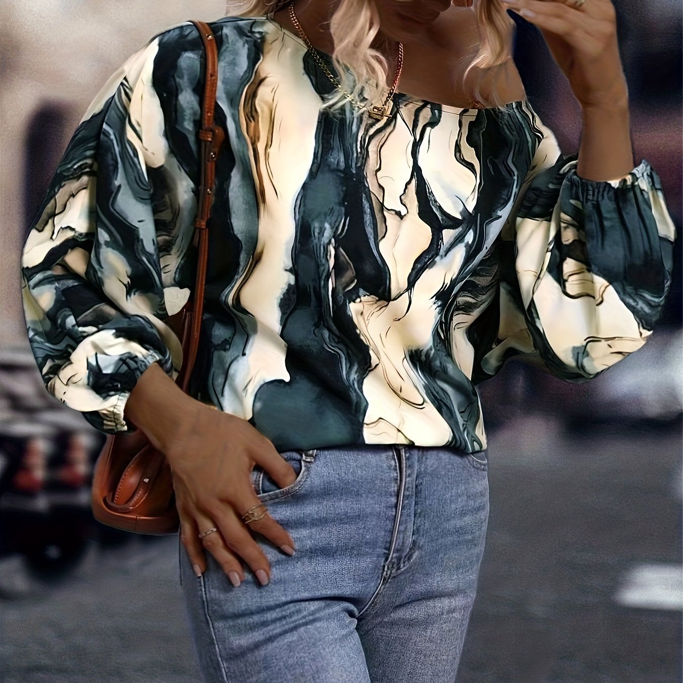 Marble Print Lantern Sleeve Casual Blouse