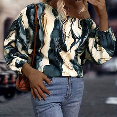 Marble Print Lantern Sleeve Casual Blouse