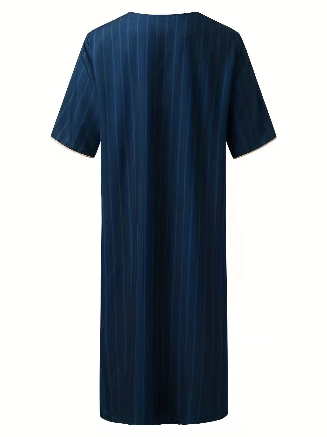 Muslim Men Striped Short Sleeve Thobe Kaftan Islamic Dubai Robes Ramadan Dishdas