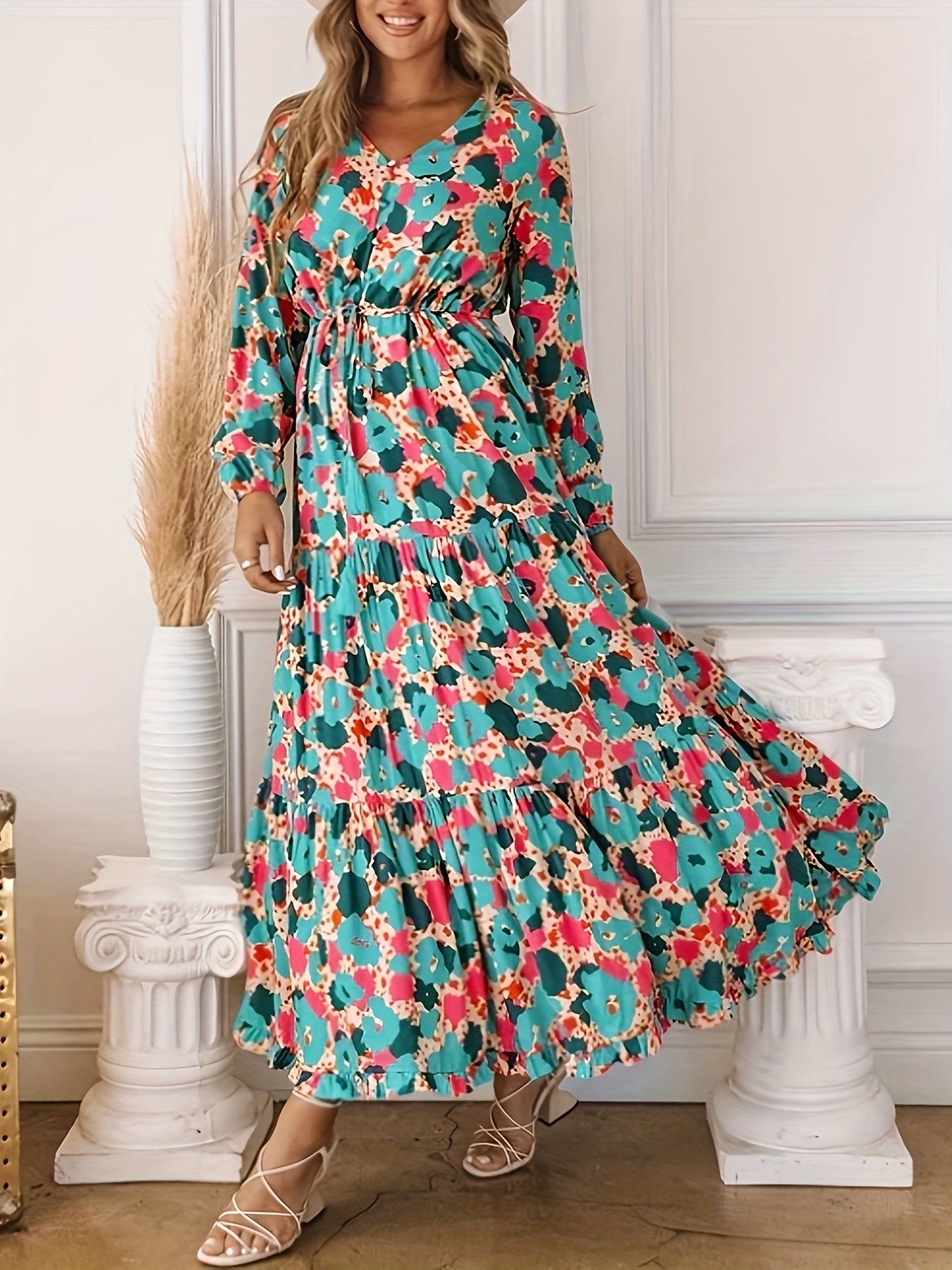 Plus Floral Print Long Sleeve V Neck Smock Dress