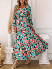 Plus Floral Print Long Sleeve V Neck Smock Dress