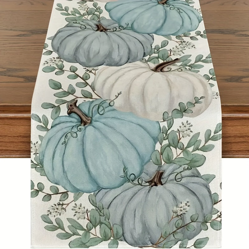 Autumn Eucalyptus Leaf Pumpkin Linen Table Runner