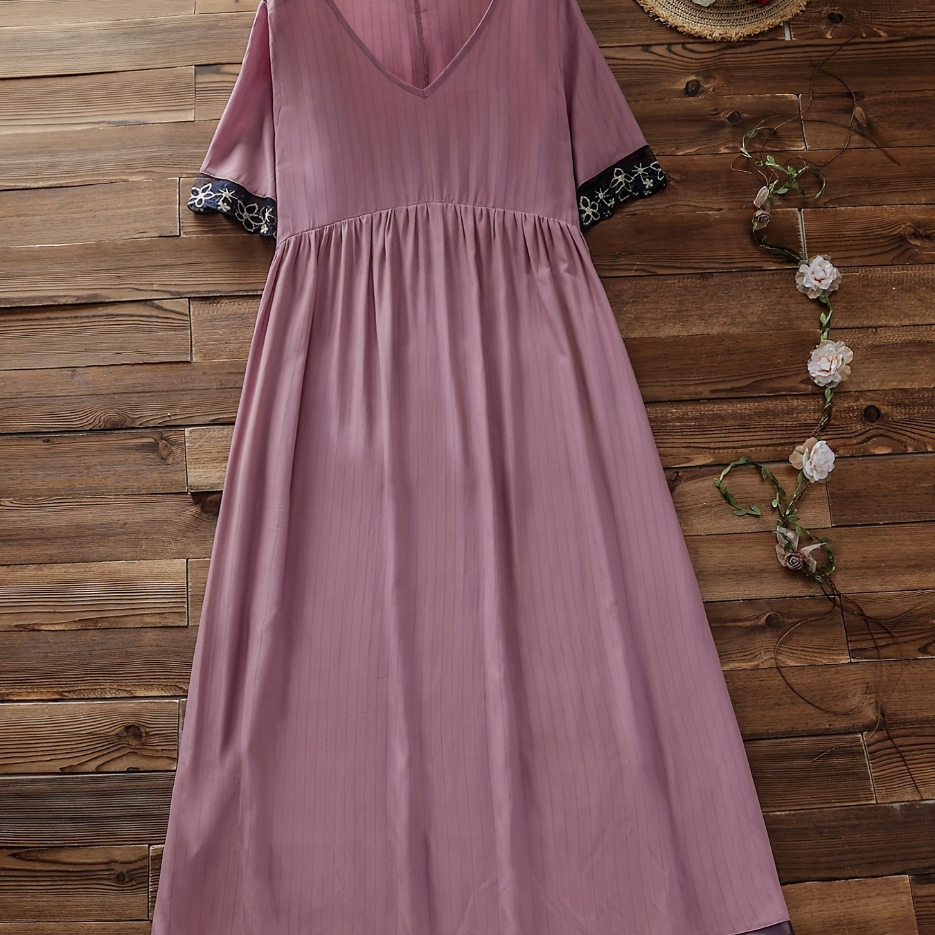 Casual Dress Women's Plus Stripe Embroidered Floral Short Sleeve V Nec