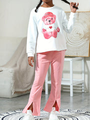 Girl's Cartoon Bear Outfit 2pcs Sweatshirt & Flared Pants Set