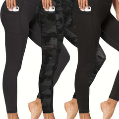3 Pack Plus Size Sports Leggings Women's Plus Solid Pipping High Stretch Yoga