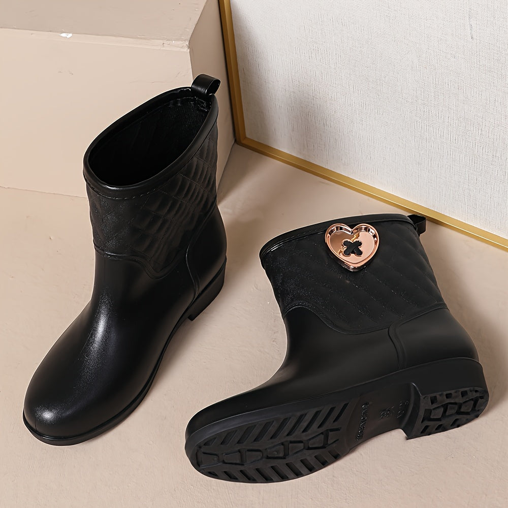 Women's Quilted Argyle Rain Boots with Heart Button Decor