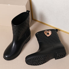 Women's Quilted Argyle Rain Boots with Heart Button Decor