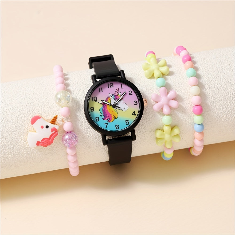 Cartoon Unicorn Kids Watch Set with Silicone Strap