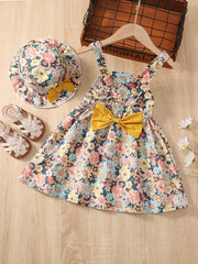 Toddler Girls Flowers Bow Back Cami Dress & Hat Set for Party Beach Vacation