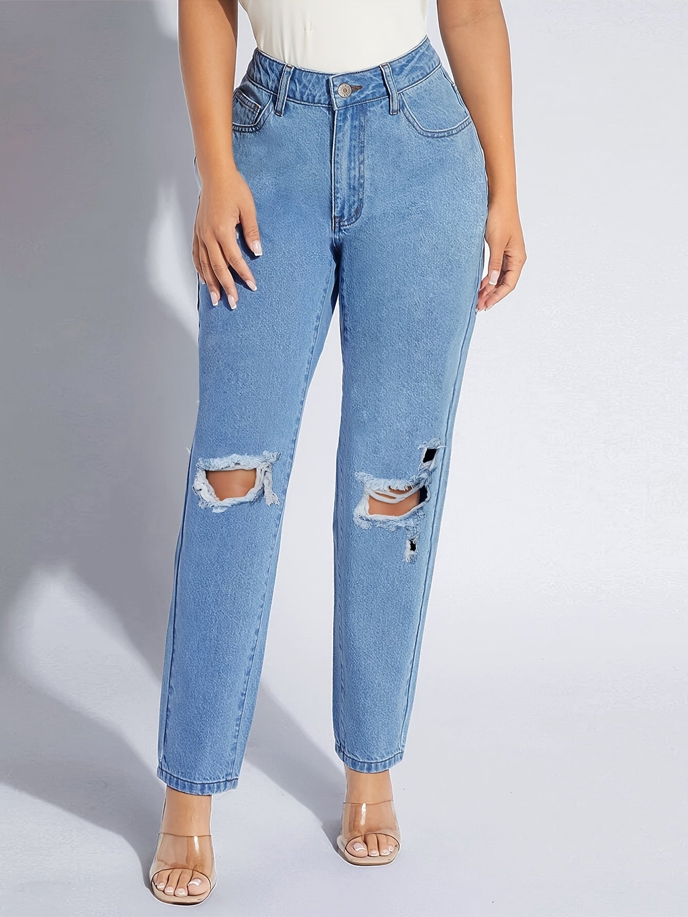 Ripped Button Up Straight Leg Jeans