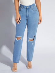 Ripped Button Up Straight Leg Jeans