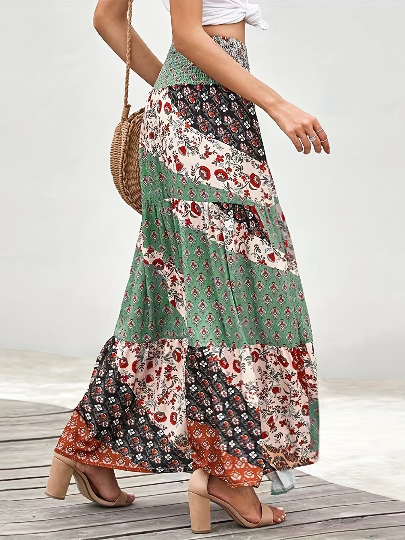 Floral Patchwork Print Boho Skirt for Women