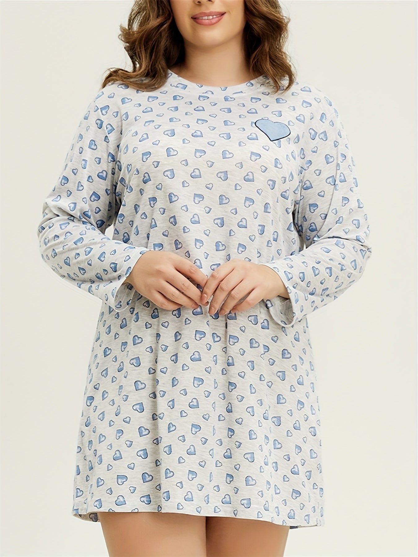 Heart Print Long Sleeve Round Neck Tee Sleep Dress