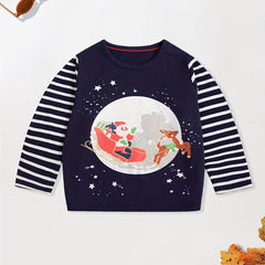 Christmas Sleigh Print Boy's Xmas T shirt Kids Long Striped Sleeve