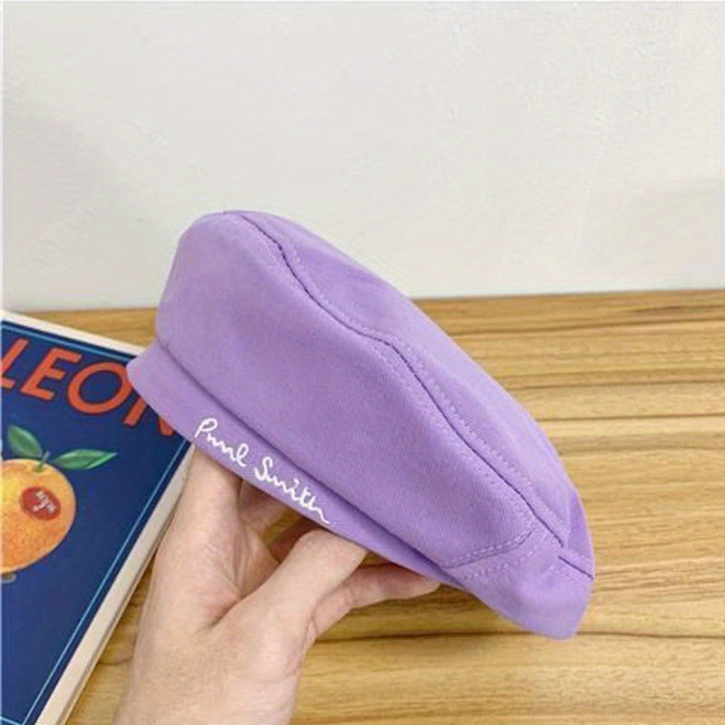 Vintage Style Letter Embroidery Solid Beret Thin Lightweight Painter Cap
