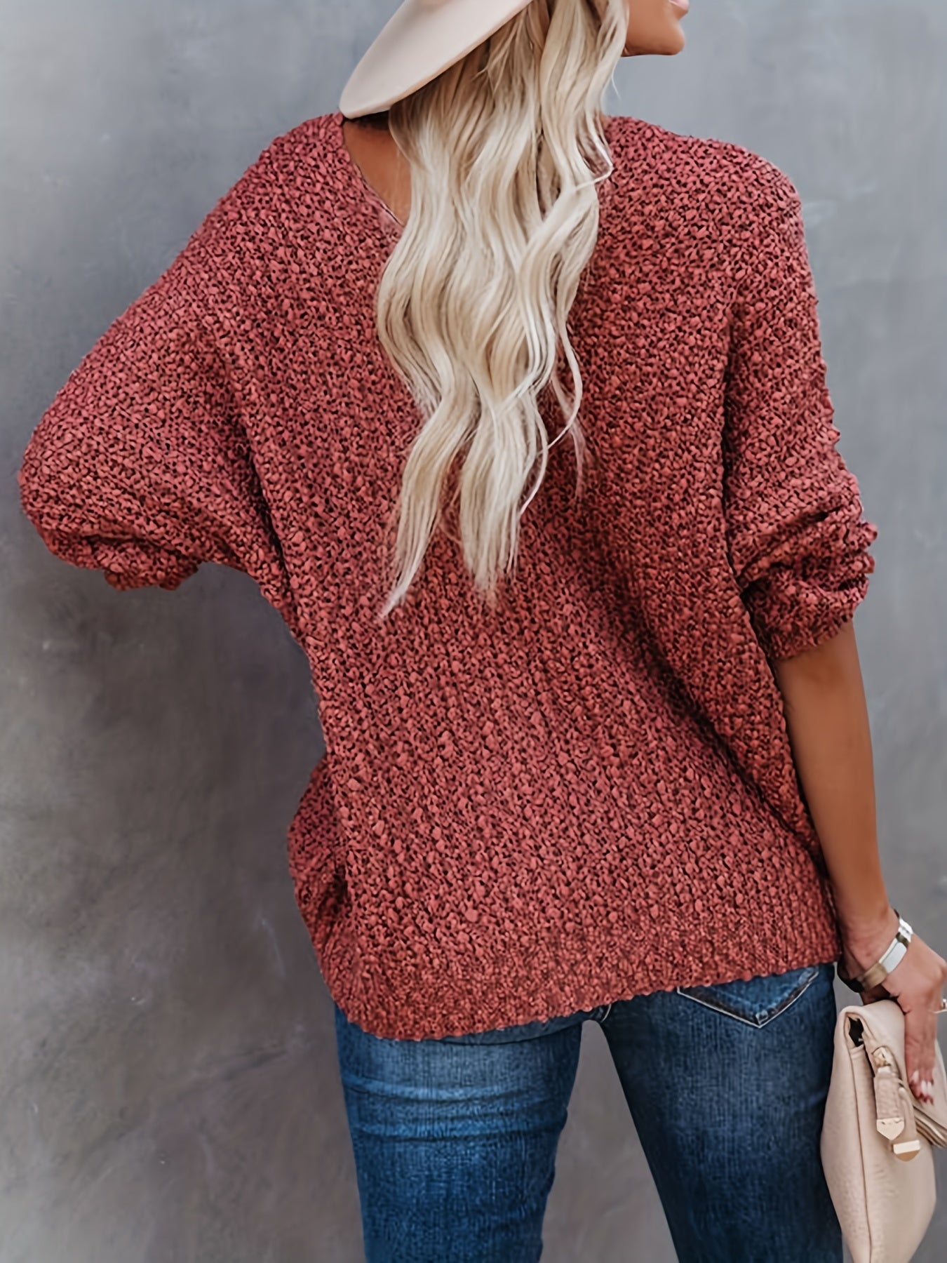 Solid V Neck Knitted Pullover Top Casual Long Sleeve Sweater