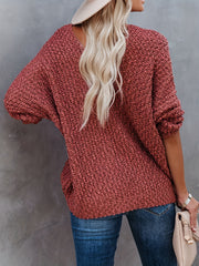Solid V Neck Knitted Pullover Top Casual Long Sleeve Sweater