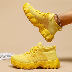 Yellow Knit Sneakers Breathable Comfortable Low Top Running Shoes