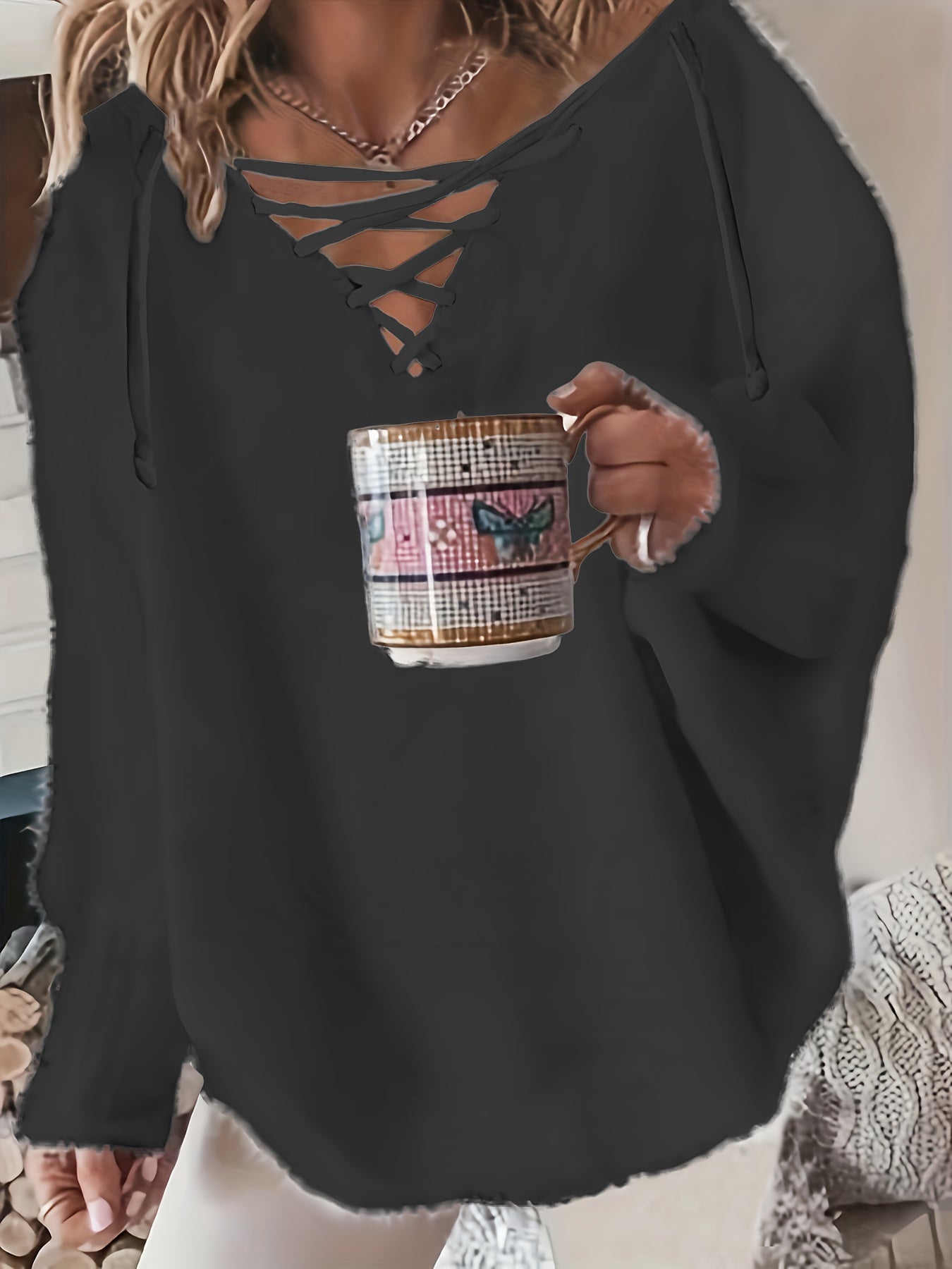 Solid Eyelash Bat Sleeve Lace Up Jumper