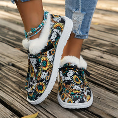 Women's Cow & Floral Print Slip-On Flat Fleece Lining Winter Shoes