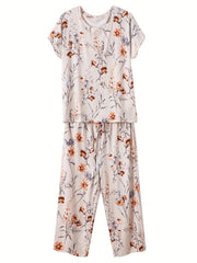 Floral Print Short Sleeve Pajama Set for Women