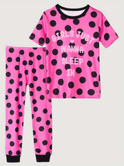 Girl's Polka Dot Pajama Set, Short Sleeve Top & Long Pants