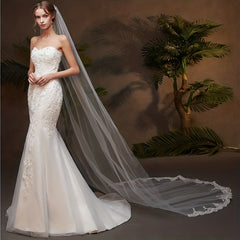 Ivory Cathedral Bridal Veil Lace Floral Edge