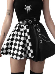 Goth Mini Skirt Half Checkered Print Short Skirt Without Belt
