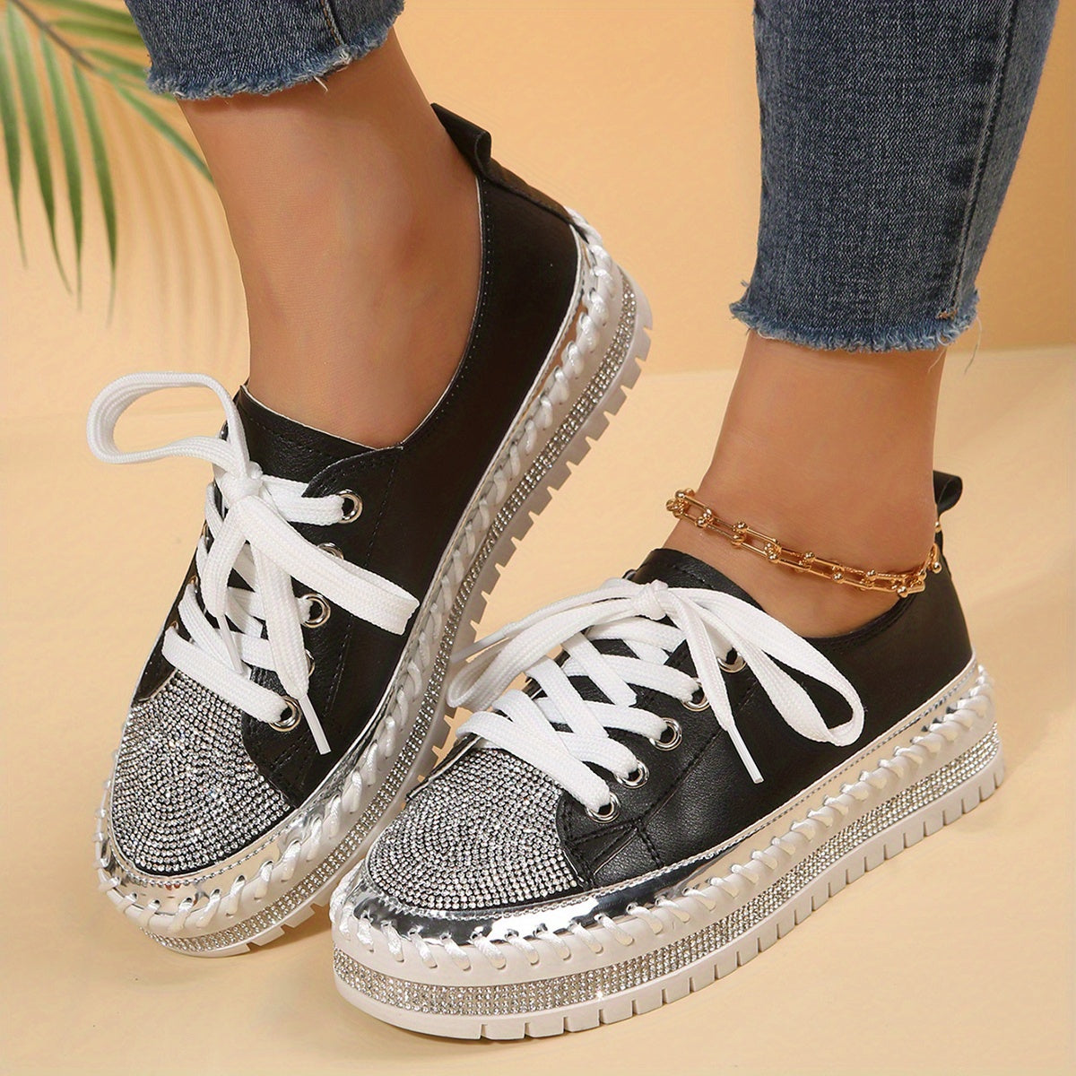 Women's Rhinestone Lace Up Skate Shoes Platform Sneakers