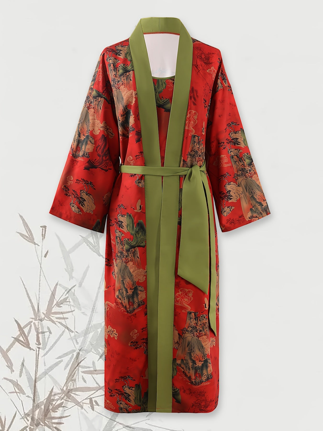 Ethnic Style V Neck Long Sleeve Lounge Robe With Belt Women's Sleepwear
