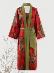 Ethnic Style V Neck Long Sleeve Lounge Robe With Belt Women's Sleepwear