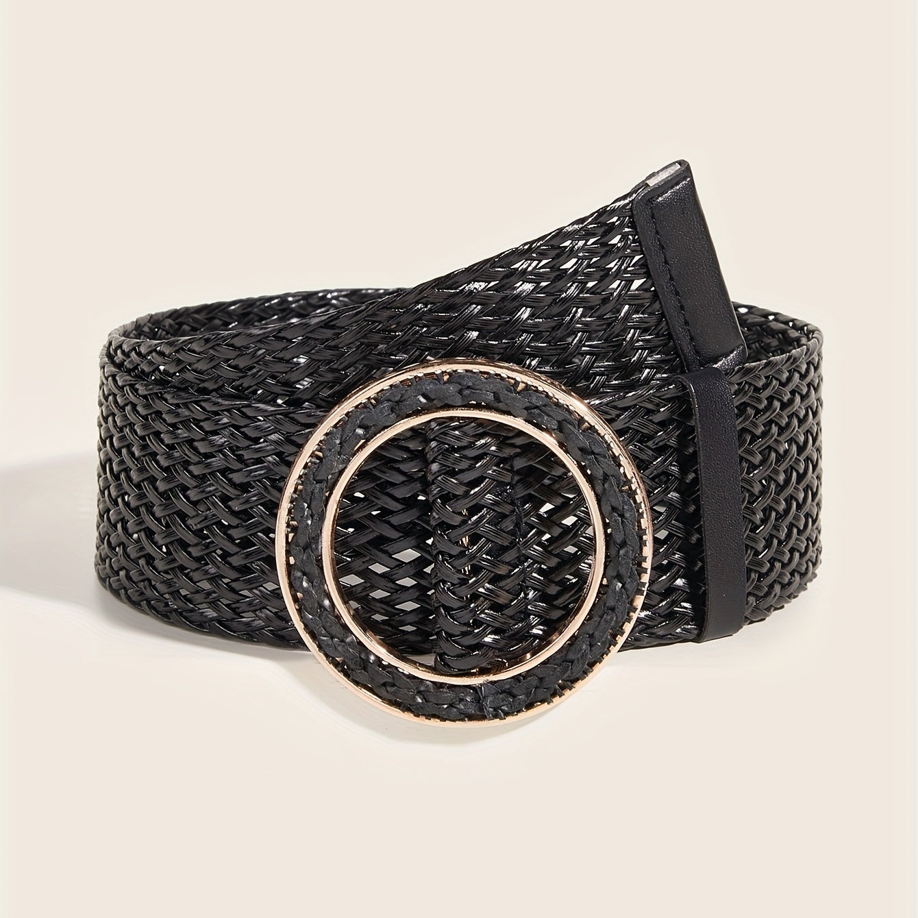 Round Buckle Braided Belt Hollow Out Wide Waistband for Women
