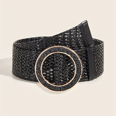 Round Buckle Braided Belt Hollow Out Wide Waistband for Women