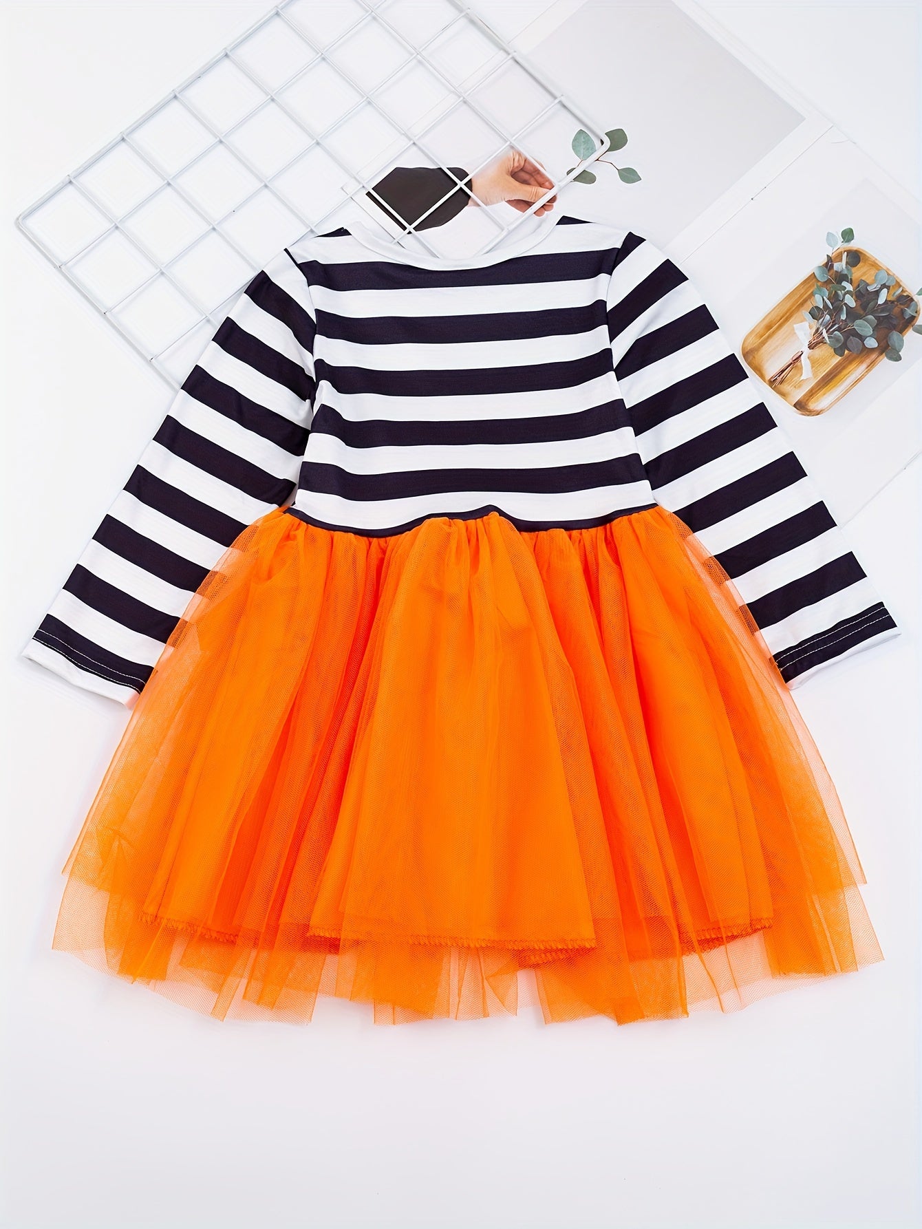 Toddler Girls Halloween Tutu Dress Ghost & Striped Print With Bowknot